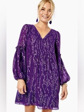 Like New Lily Pulitzer Cleme Long Sleeve Silk Dress in Purple Berry.